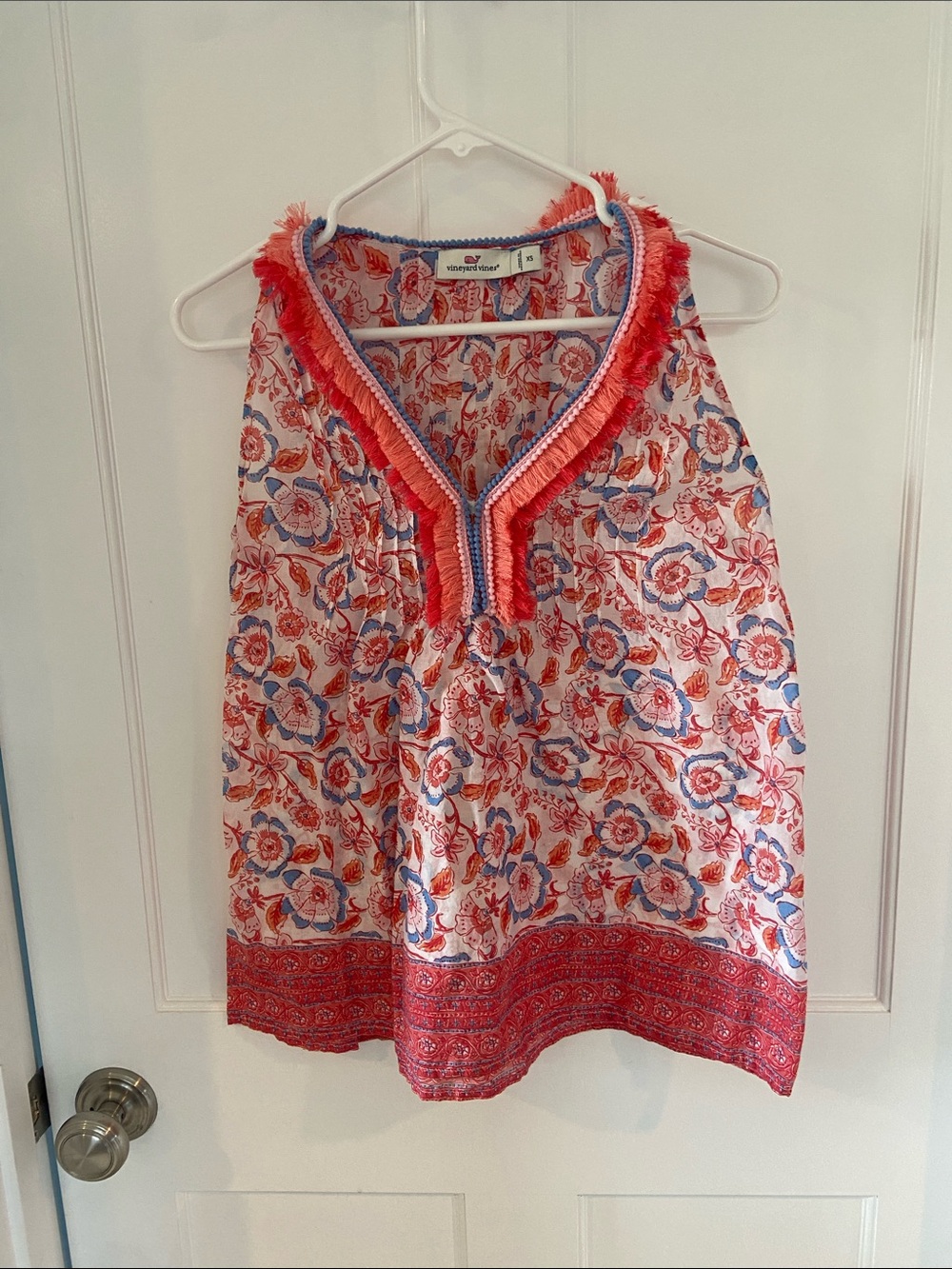 Vineyard Vines Coral and Blue Floral Fringe V-Neck Tank